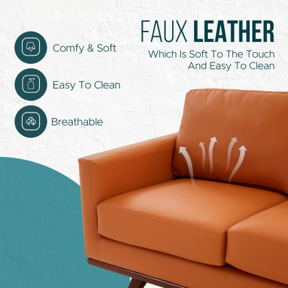 LeisureMod Chester Modern Leather Loveseat With Birch Wood Base - Cognac Tan