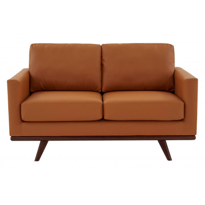LeisureMod Chester Modern Leather Loveseat With Birch Wood Base - Cognac Tan
