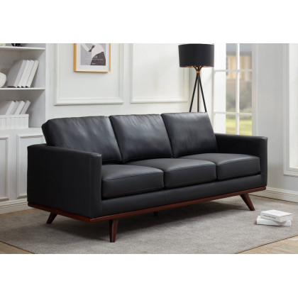 LeisureMod Chester Modern Leather Sofa With Birch Wood Base - Black