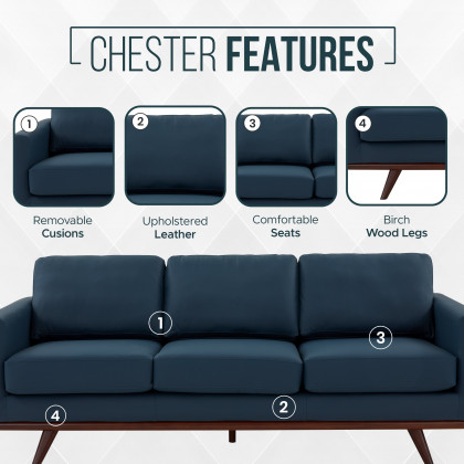 LeisureMod Chester Modern Leather Sofa With Birch Wood Base - Navy Blue