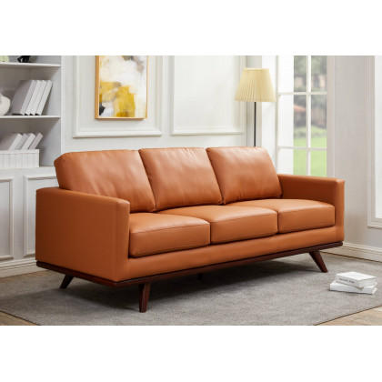 LeisureMod Chester Modern Leather Sofa With Birch Wood Base - Cognac Tan