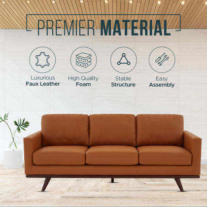 LeisureMod Chester Modern Leather Sofa With Birch Wood Base - Cognac Tan