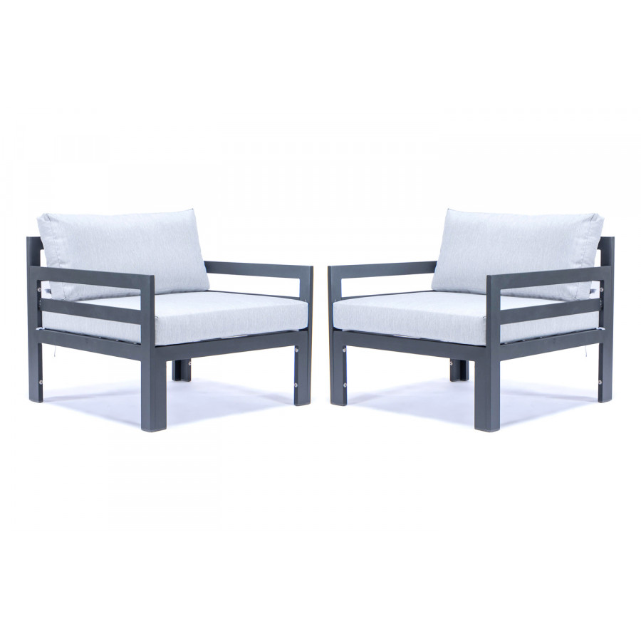 LeisureMod Chelsea Outdoor Patio Black Aluminum Armchairs with Cushions (Set Of 2) - Light Gray