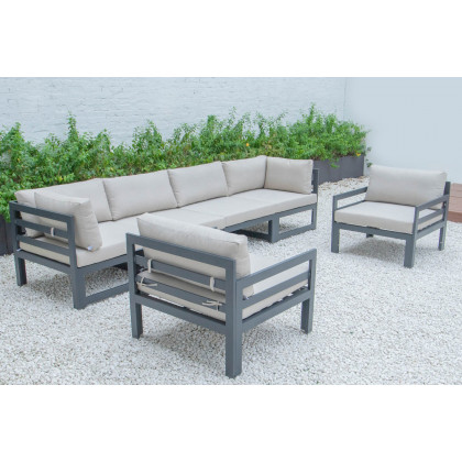 LeisureMod Chelsea 6-Piece Patio Armchair Sectional Black Aluminum with Cushions - Beige