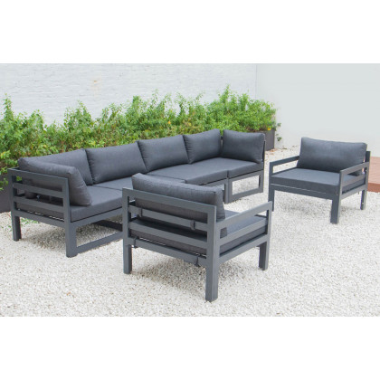 LeisureMod Chelsea 6-Piece Patio Armchair Sectional Black Aluminum with Cushions - Black