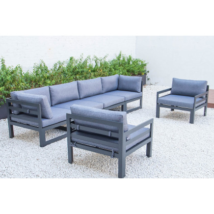 LeisureMod Chelsea 6-Piece Patio Armchair Sectional Black Aluminum with Cushions - Blue