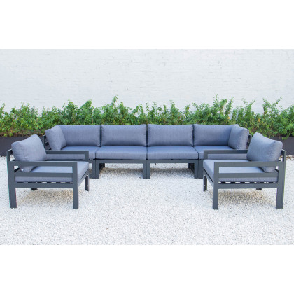 LeisureMod Chelsea 6-Piece Patio Armchair Sectional Black Aluminum with Cushions - Blue