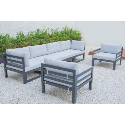 LeisureMod Chelsea 6-Piece Patio Armchair Sectional Black Aluminum with Cushions - Light Gray