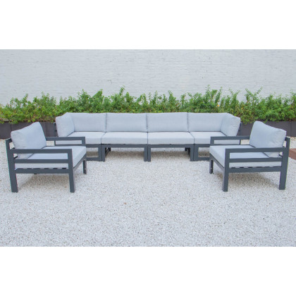 LeisureMod Chelsea 6-Piece Patio Armchair Sectional Black Aluminum with Cushions - Light Gray