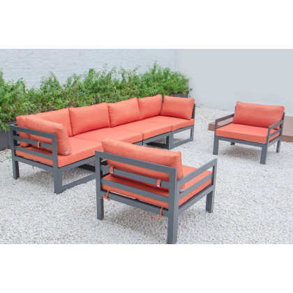 LeisureMod Chelsea 6-Piece Patio Armchair Sectional Black Aluminum with Cushions - Orange
