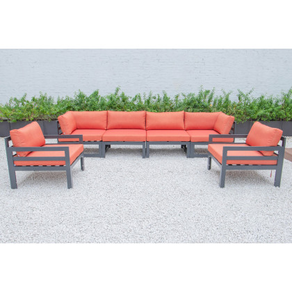 LeisureMod Chelsea 6-Piece Patio Armchair Sectional Black Aluminum with Cushions - Orange