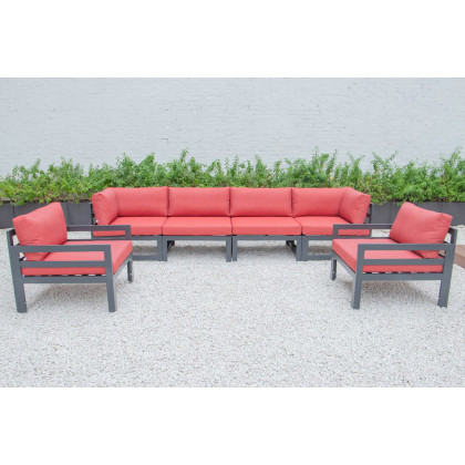 LeisureMod Chelsea 6-Piece Patio Armchair Sectional Black Aluminum with Cushions - Red