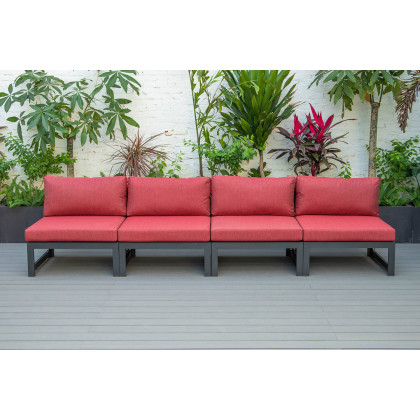 LeisureMod Chelsea 4-Piece Middle Patio Chairs Black Aluminum with Cushions - Red