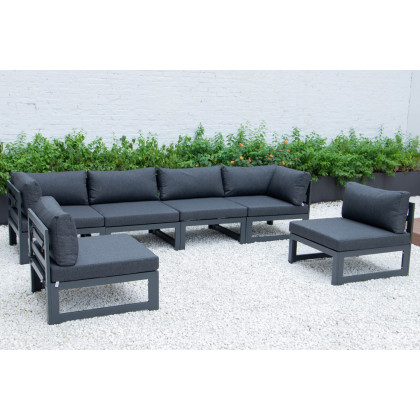 LeisureMod Chelsea 6-Piece Patio Sectional In Black Aluminum with Cushions - Black