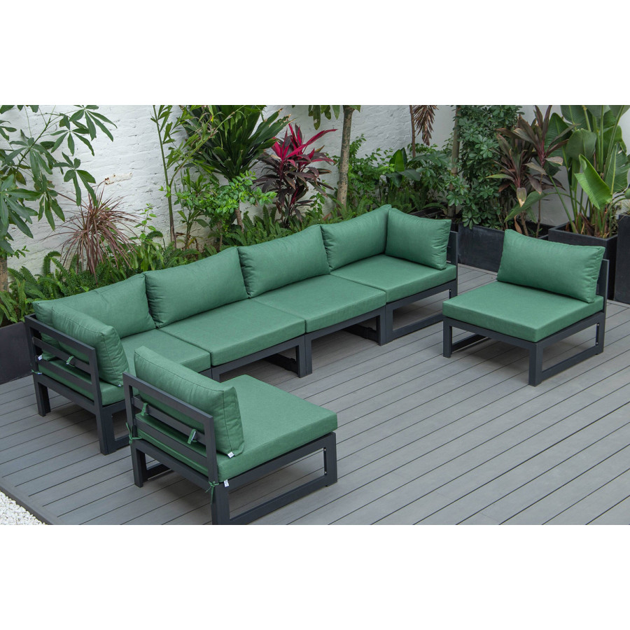 LeisureMod Chelsea 6-Piece Patio Sectional In Black Aluminum with Cushions - Green