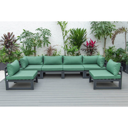 LeisureMod Chelsea 6-Piece Patio Sectional In Black Aluminum with Cushions - Green