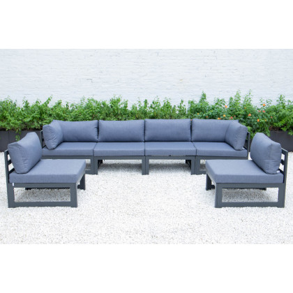 LeisureMod Chelsea 6-Piece Patio Sectional In Black Aluminum with Cushions - Blue