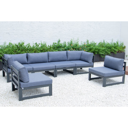 LeisureMod Chelsea 6-Piece Patio Sectional In Black Aluminum with Cushions - Blue