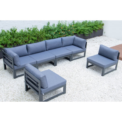 LeisureMod Chelsea 6-Piece Patio Sectional In Black Aluminum with Cushions - Blue
