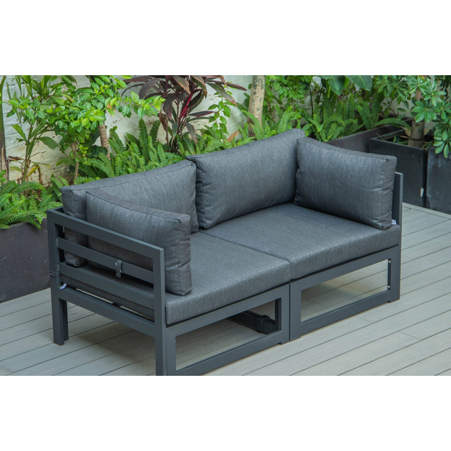LeisureMod Chelsea 2-Piece Sectional Loveseat Black Aluminum with Cushions - Black