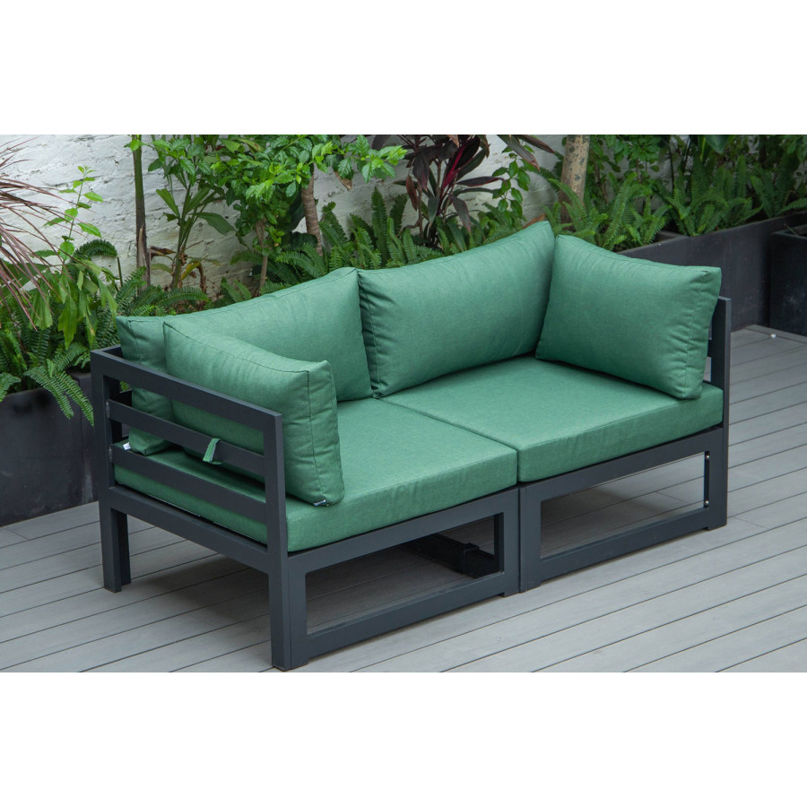 LeisureMod Chelsea 2-Piece Sectional Loveseat Black Aluminum with Cushions - Green