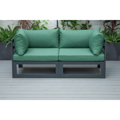 LeisureMod Chelsea 2-Piece Sectional Loveseat Black Aluminum with Cushions - Green