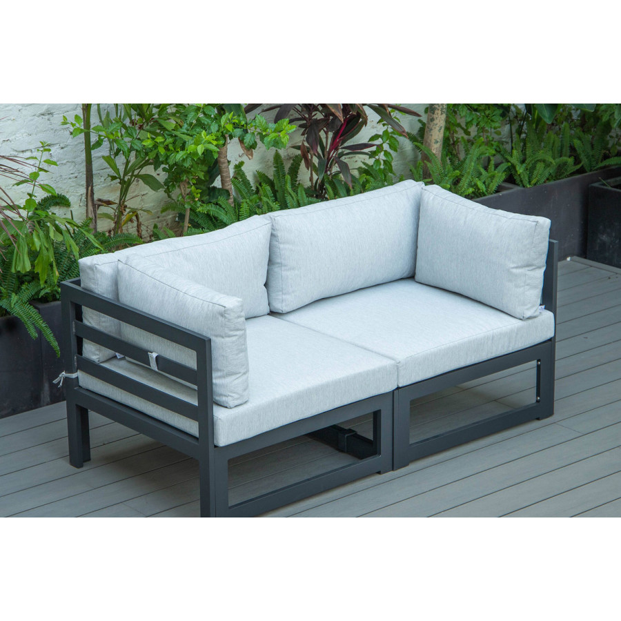 LeisureMod Chelsea 2-Piece Sectional Loveseat Black Aluminum with Cushions - Light Gray