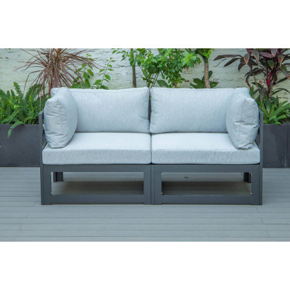 LeisureMod Chelsea 2-Piece Sectional Loveseat Black Aluminum with Cushions - Light Gray