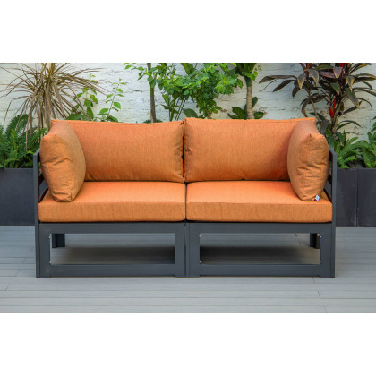 LeisureMod Chelsea 2-Piece Sectional Loveseat Black Aluminum with Cushions - Orange