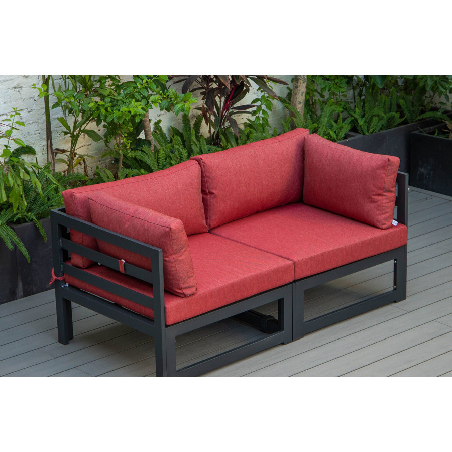 LeisureMod Chelsea 2-Piece Sectional Loveseat Black Aluminum with Cushions - Red