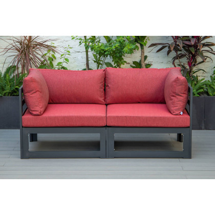 LeisureMod Chelsea 2-Piece Sectional Loveseat Black Aluminum with Cushions - Red