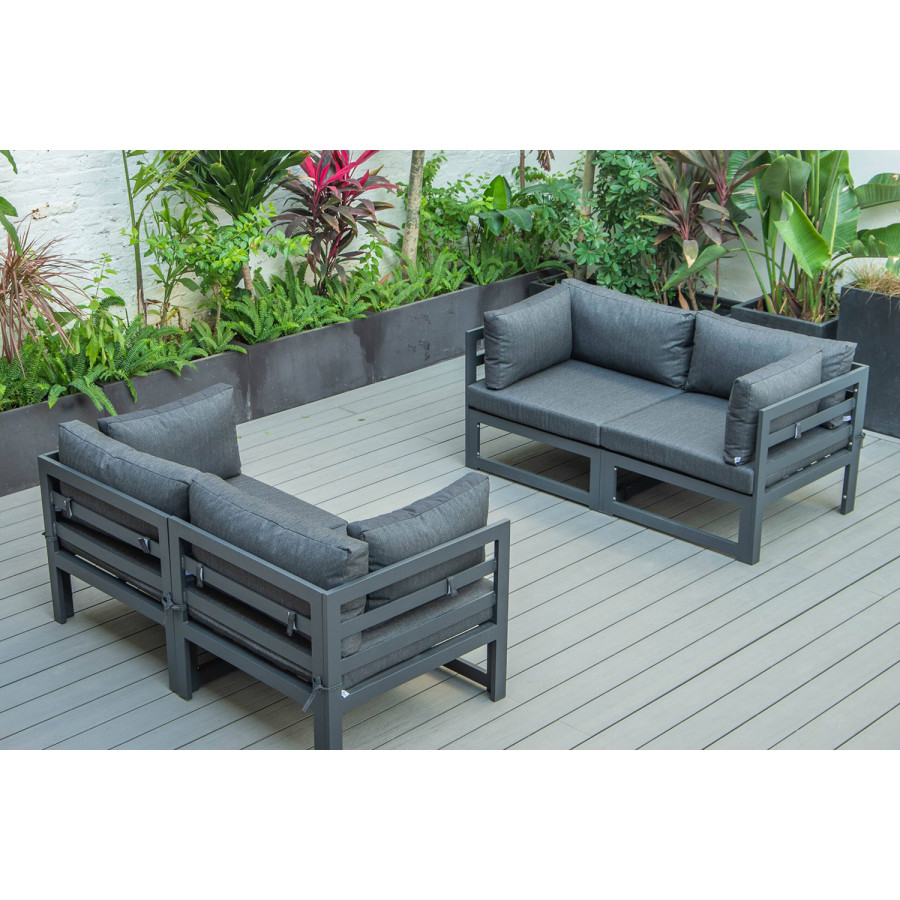 LeisureMod Chelsea 4-Piece Sectional Loveseat Set Black Aluminum with Cushions - Black