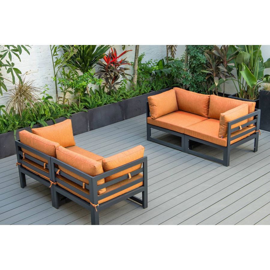 LeisureMod Chelsea 4-Piece Sectional Loveseat Set Black Aluminum with Cushions - Orange