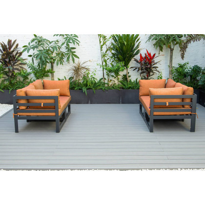 LeisureMod Chelsea 4-Piece Sectional Loveseat Set Black Aluminum with Cushions - Orange