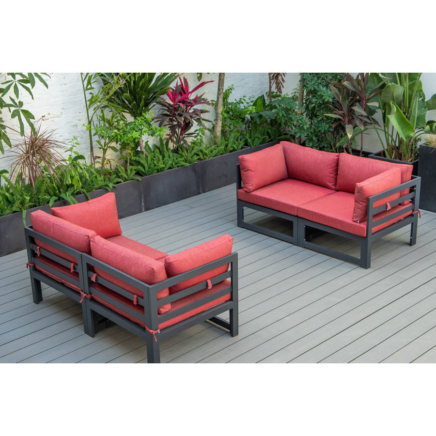 LeisureMod Chelsea 4-Piece Sectional Loveseat Set Black Aluminum with Cushions - Red