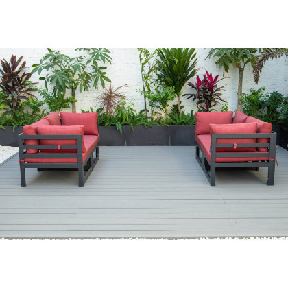 LeisureMod Chelsea 4-Piece Sectional Loveseat Set Black Aluminum with Cushions - Red