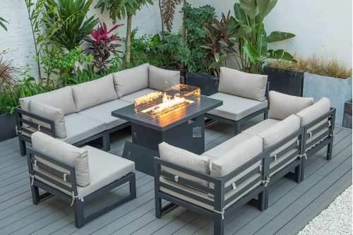 LeisureMod™ Chelsea 9-Piece Patio Sectional with Fire Pit Table Black Aluminum with Cushions - Beige