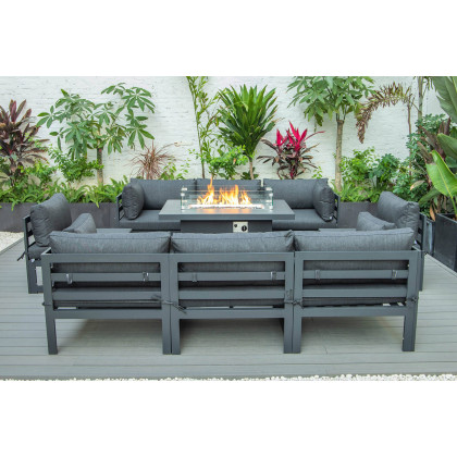 LeisureMod Chelsea 9-Piece Patio Sectional with Fire Pit Table Black Aluminum with Cushions - Black