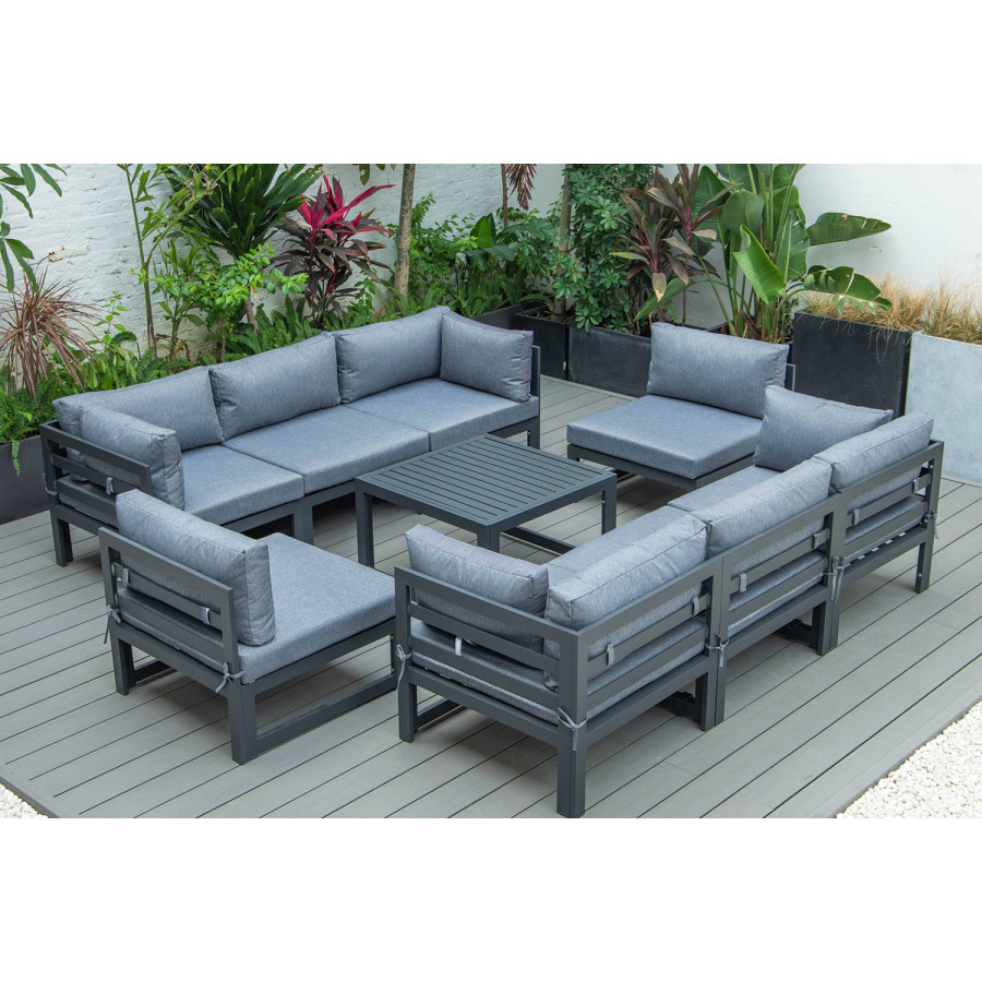 LeisureMod Chelsea 9-Piece Patio Sectional with Coffee Table Black Aluminum with Cushions - Blue