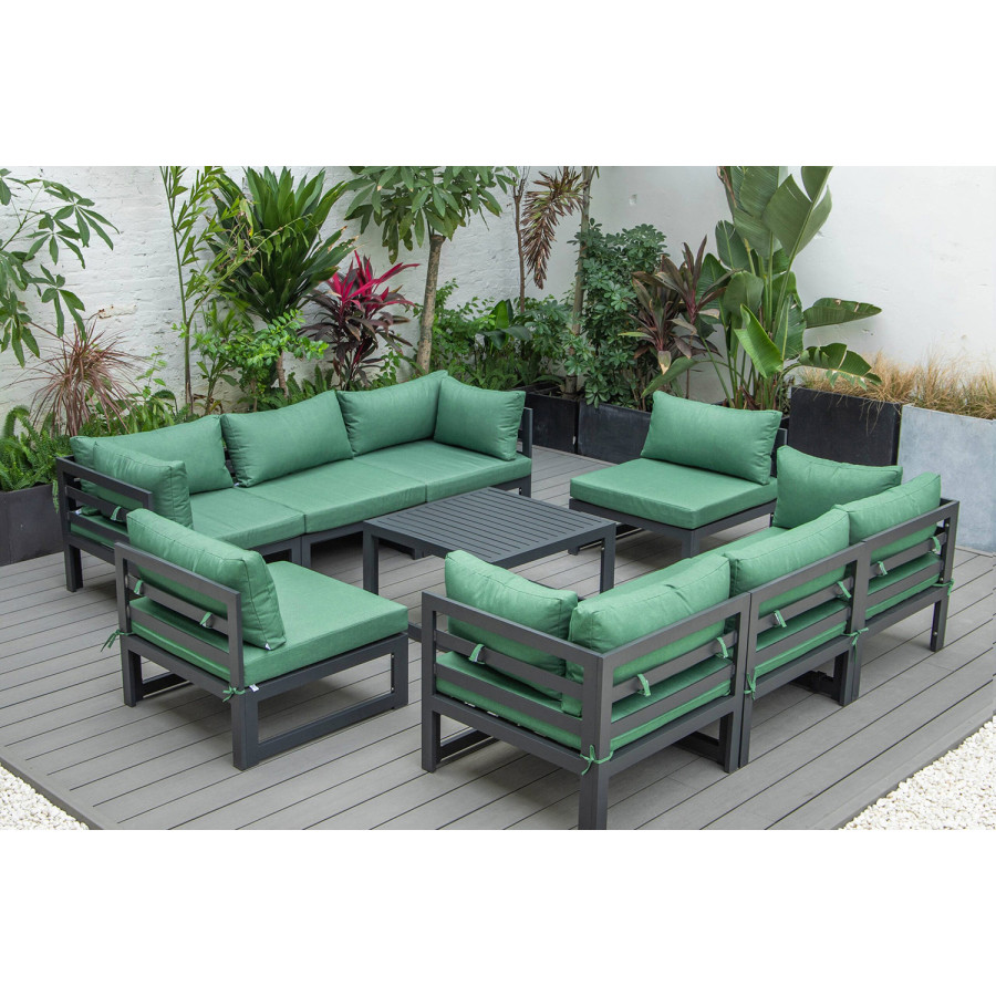 LeisureMod Chelsea 9-Piece Patio Sectional with Coffee Table Black Aluminum with Cushions - Green