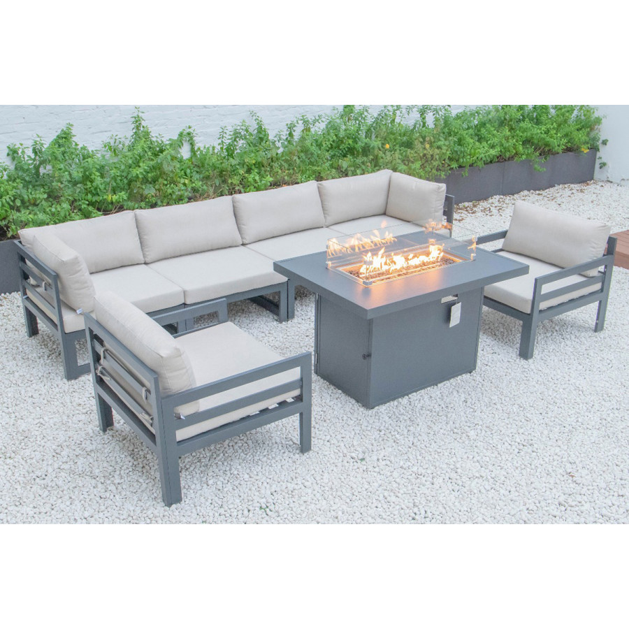 LeisureMod - Chelsea 7-Piece Patio Sectional with 2 Arm Chairs and Fire Pit Table Black Aluminum with Cushions