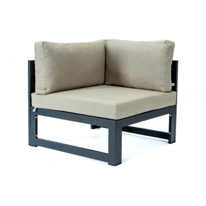 LeisureMod Chelsea 7-Piece Patio Sectional with 2 Arm Chairs and Fire Pit Table Black Aluminum with Cushions - Beige