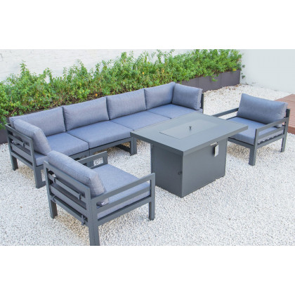LeisureMod Chelsea 7-Piece Patio Sectional with 2 Arm Chairs and Fire Pit Table Black Aluminum with Cushions - Blue