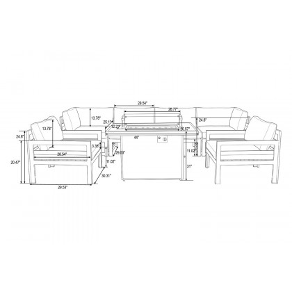 LeisureMod Chelsea 7-Piece Patio Sectional with 2 Arm Chairs and Fire Pit Table Black Aluminum with Cushions - Light Gray
