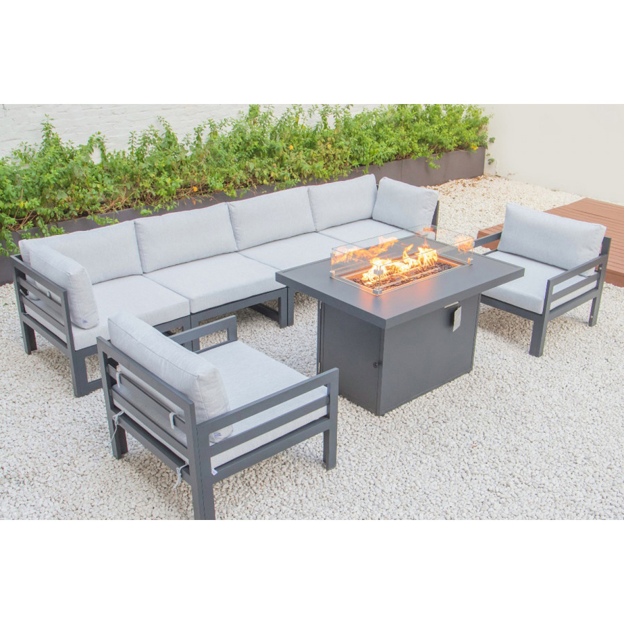 LeisureMod Chelsea 7-Piece Patio Sectional with 2 Arm Chairs and Fire Pit Table Black Aluminum with Cushions - Light Gray