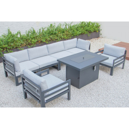 LeisureMod Chelsea 7-Piece Patio Sectional with 2 Arm Chairs and Fire Pit Table Black Aluminum with Cushions - Light Gray