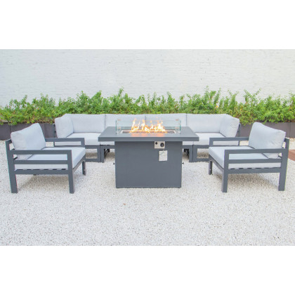 LeisureMod Chelsea 7-Piece Patio Sectional with 2 Arm Chairs and Fire Pit Table Black Aluminum with Cushions - Light Gray