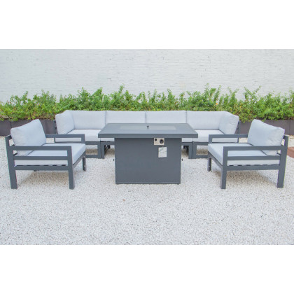 LeisureMod Chelsea 7-Piece Patio Sectional with 2 Arm Chairs and Fire Pit Table Black Aluminum with Cushions - Light Gray