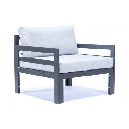 LeisureMod Chelsea 7-Piece Patio Sectional with 2 Arm Chairs and Fire Pit Table Black Aluminum with Cushions - Light Gray