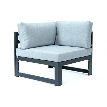 LeisureMod Chelsea 7-Piece Patio Sectional with 2 Arm Chairs and Fire Pit Table Black Aluminum with Cushions - Light Gray